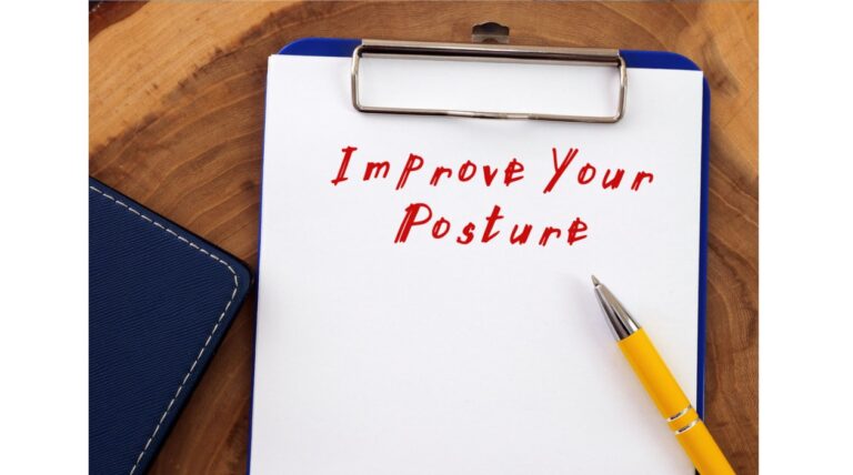 An image with a clipboard with the words 'Improve your posture' written on it